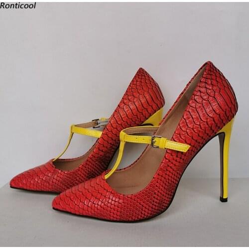 Ronticool Handmade Women T-Strap Pumps Fish Scale Sexy Stiletto Heel Pointed Toe Red Green White Party Shoes US Plus Size 5-15
