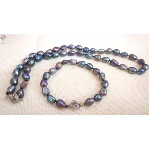 Women Jewelry set 100% real pearl black gray green 9mm baroque necklace 56cm 22'' bracelet freshwater pearl flower clasp