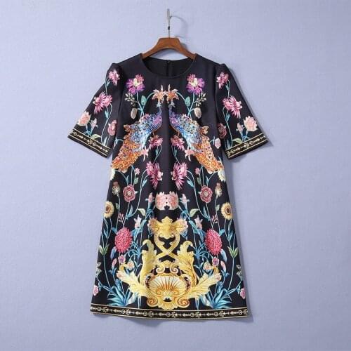 1106 2021 Free Shipping Spring Dress Crew New Short Sleeve Black Flora Print Empire Fashion Womens Clothes SH