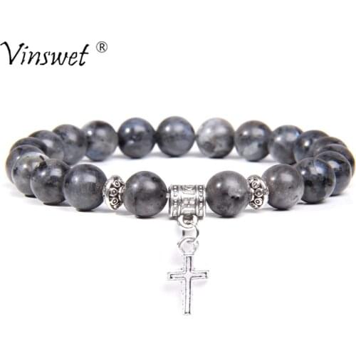 Cross Charm Bracelets Men Natural Stone Bracelets For Men Black Labradorite Beads Bracelets Women Friendship Pulsera Jewelry