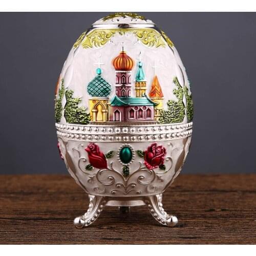 Vintage Footed Easter Egg Shaped Silver Red Blue White Hand Painted Castle Zinc Alloy Difuser Stick Dispenser Toothpick Holder