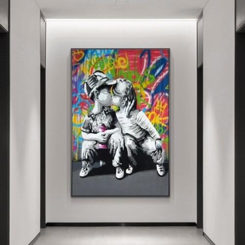 Kids Kiss Street Art Canvas Paintings On The Wall Art Posters And Prints Graffiti Art Canvas Pictures For Living Room Wall Decor