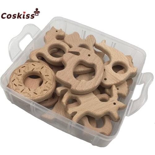 DIY Baby Teether Nursing Boxed 15pcs Beech Wooden Animal Shape For Wooden Teether toy Handmade Cut Organic Chewable wooden Toy