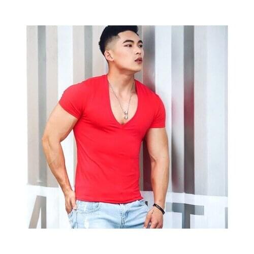 Sexy Mens Summer Deep V-neck Slim Fit Short Sleeve Cotton Casual T-Shirts Tops Solid Color