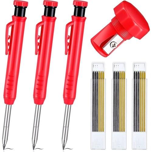 NEW-3 Pieces Solid Carpenter Pencil with Sharpener and 18 Refill Leads, Carpenter Pencil Set for Carpenters Draft Drawing