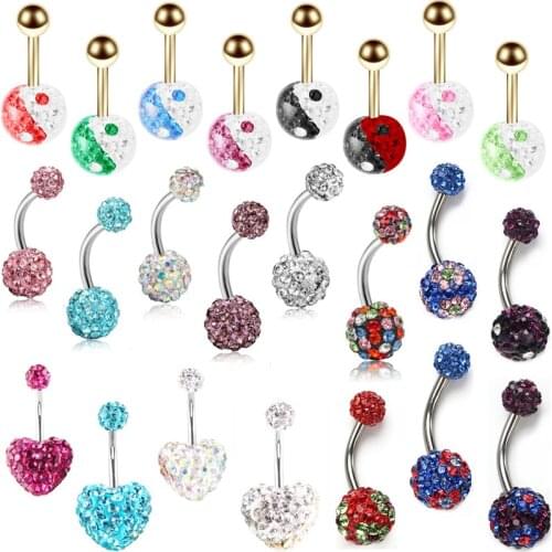 1PCS YinYang Belly Button Ring 14G Pink Heart Belly Bar Sexy Navel Piercing Crystal Ball Navel Bar Belly Body Piercing Ombligo