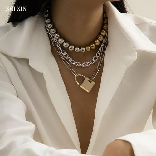 SHIXIN CCB Bead Choker Collar Thick Chain With Lock Pendant Necklace for Women Hip Hop Layered Padlock Necklace Set on Neck 2021