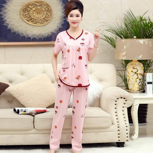 Cotton pink color V collar pullover tops and long pants women print pajama sets plus size 4XL sleepwear oversized pijamas mujer