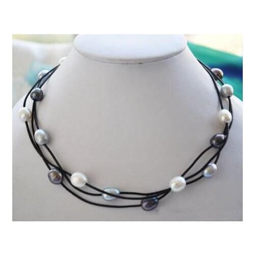 Handmade Leather Pearl Necklace,18inches 3row White Gray Black Cultured Freshwater Pearl Black Leather Jewellery