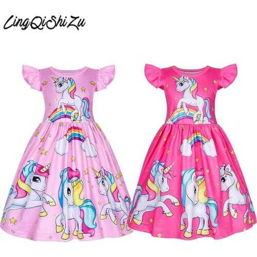 Summer Girls Dresses New Unicorn Kids Dress For Girls Flying Sleeve Princess Birthday Party Clothing