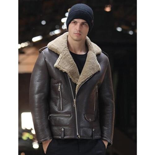 2019 New Mens Brown B3 Shearling Jacket Short Leather Jacket Mens Winter Coats Sheepskin Coat Fur Jacket