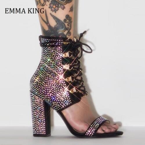 2020 New Bling Bling Rhinestone Chunky High Heels Sandals Lace up Ankle Wrap Crystal Shoes Open Toe Sexy Lady Party Dress Shoes