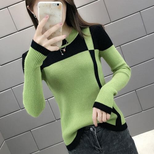 2020 new fashion matching color thick sweater sweater women autumn and Winter Korean version of round-necked pullover slim