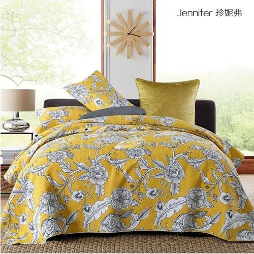 New Yellow Quilted 100% cotton Bedspread flowers Bed Cover Bed Sheet size 230x250cm blanket Pillowcases 3pcs