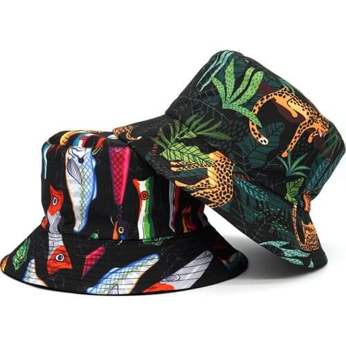 Reversible Bucket-Hats Luxury Brand Animal Leopard Fish Print Men women Panama hat cotton anti-sun Ladies Beach fisherman cat