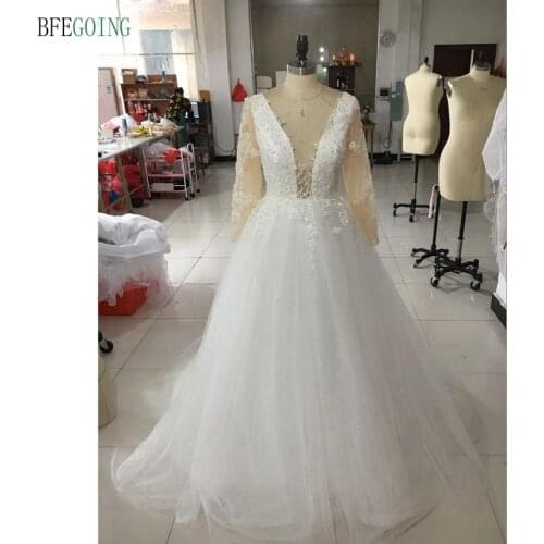 V-Neck Floor-Length A-line Wedding dress Court Train Appliques Long Sleeves Beading Bridal Gown Custom made