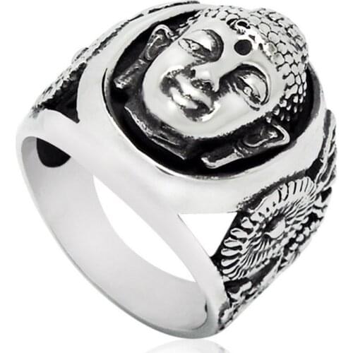 Religious Jewelry Vintage Ethnic Buddha Ring Mens Bulk Rings Stainless Steel Male Amulet Jewelry Wholesale Accessory