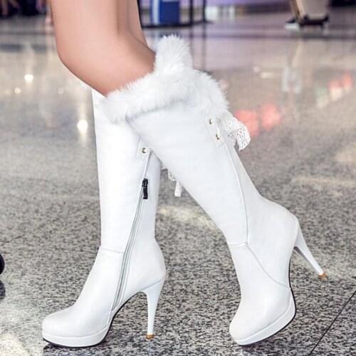 Winter Rabbits hair Frenulum Waterproof High-heeled white High cylinder Boots Thin and thin sexy fashion knight Women Boots