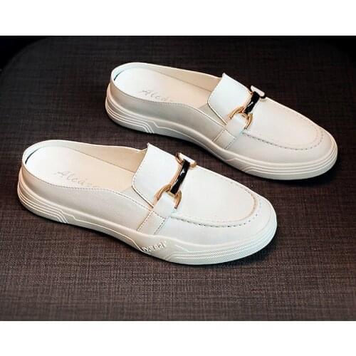 Slippers Female Summer 2021 New Sandals Imitation Cowhide Leather Toe Cap Half-drag Single Shoes Solid Color Two-layer Cowhide S