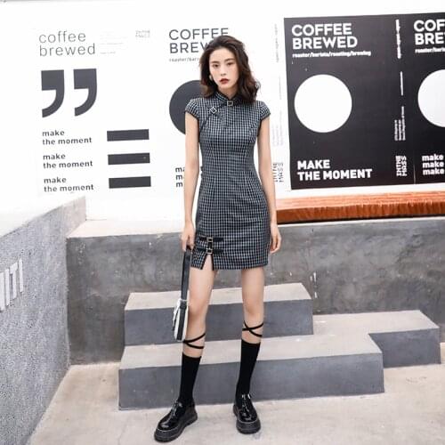 Vintage plaid print modern creative design Cheongsam girl fashion summer Cotton linne mini qipao dress