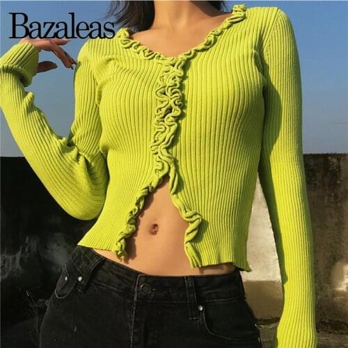 Bazaleas Vintage lacework pull femme kardigan Sweaters Retro Green Women Sweater harajuku Knitted cardigan