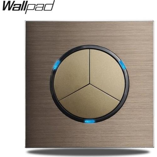 Wallpad L6 3 Gang 1 2 Way Cross Push Button Wall Light Switch Brown Brushed Aluminum Satin Metal Panel Weak Blue LED Indicator