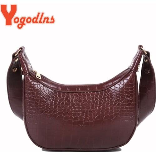 Yogodlns Vintage Crocodile Pattern Shoulder Bag Women PU Leather Half-moon Bag Trendy Crossbody Bag Casual Designer Lady Handbag