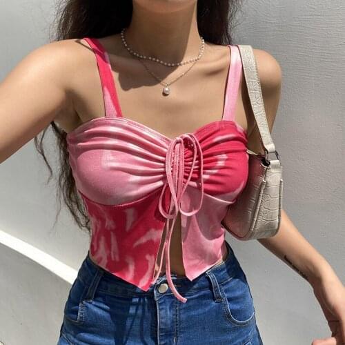 Summer Sweet Ladies Camisole Color Block Matching Irregular Printing Front Ruched Lace Up Sleeveless Split Wild Sling Tops