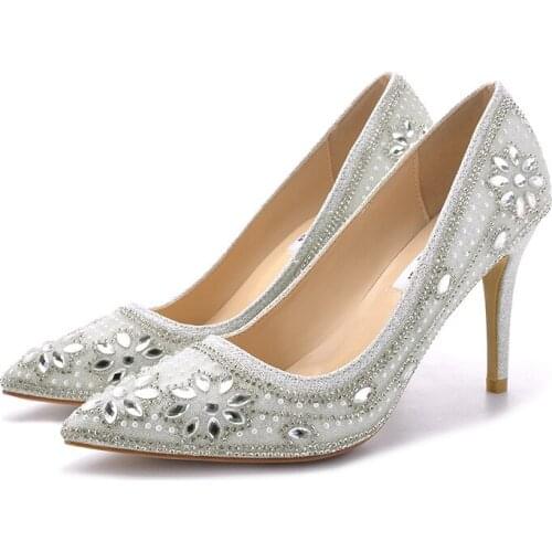 Wedding Women Shoes Pointed Toe Women Pumps Sequined Cloth Slip On 7CM 9CM Thin High Heels Rhinestones Bling Shallow size 35-42
