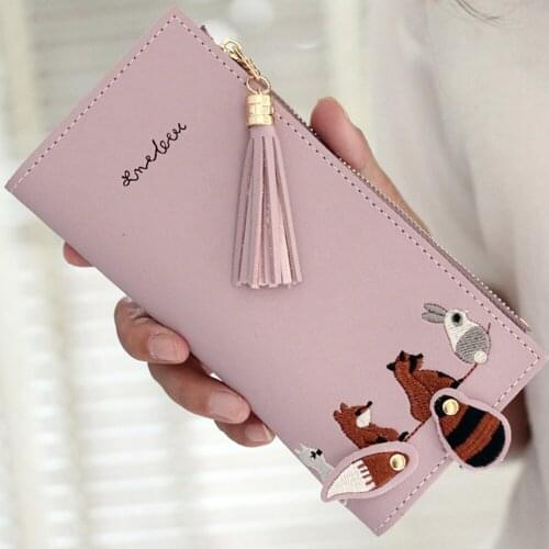 Women Wallets 2020 Fashion Tassel Long Leather Card Holder Zipper Brand Wallet For Women Classic Fox Cat Embroidery Female Purse
