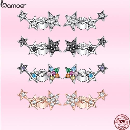 Bamoer New Shining Color Stars Series Ear Studs for Women 100% 925 Sterling Silver Zircon Earrings Casual All-Match Jewelry Gift