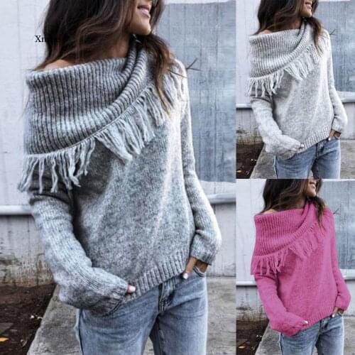Women Fashion Knitted Scarf Collar Sweater Thick Fleece Pullover Long Sleeve Sweaters Women Winter Clothes