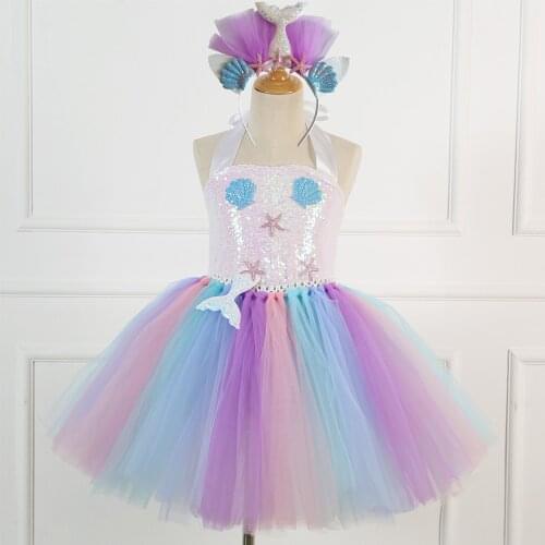 Girls Pastel Mermaid Tutu Dress Under the Sea Theme Birthday Party Costume with Headband Girls Princess Dress up