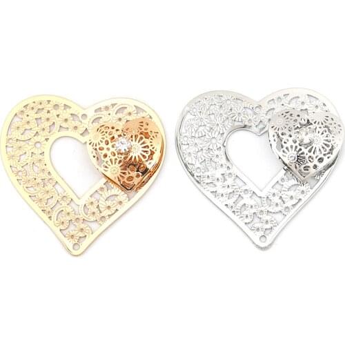 3 PCs Copper Valentines Day 3D Hollow Heart Connectors Hearts Filigree Stamping Clear Rhinestone 43mm x 43mm Jewelry Finding