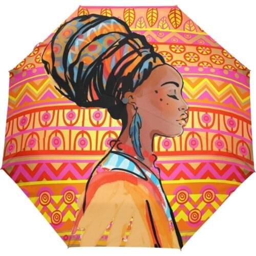 African Women Windproof UV Umbrellas Three Folding Automatic Sun Umbrella with Black Coating for Business Paraguas