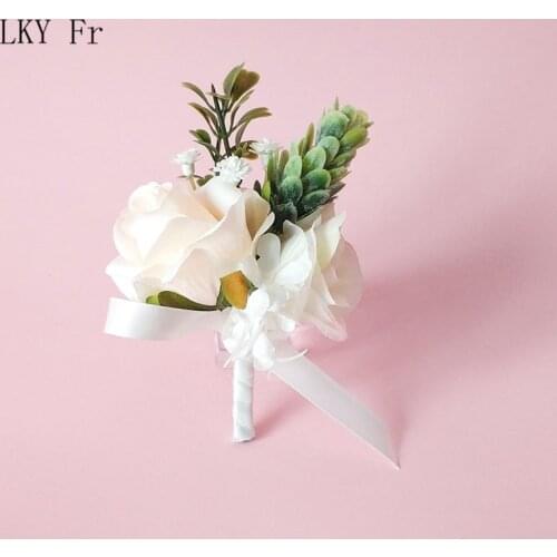 LKY Fr Groom Boutonniere Wedding Corsage Bracelet Bridesmaid Hand Flowers Artificial Marriage Accessories Buttonhole Brooch Pins