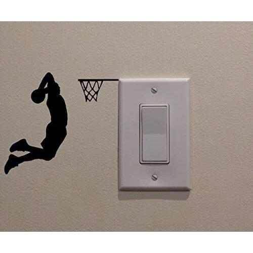 Two Handed Slam Dunk Basketball Player Dunking on Light Switch Decal Vinyl Wall Decal Sticker Art Living Room Carving Wall Decal