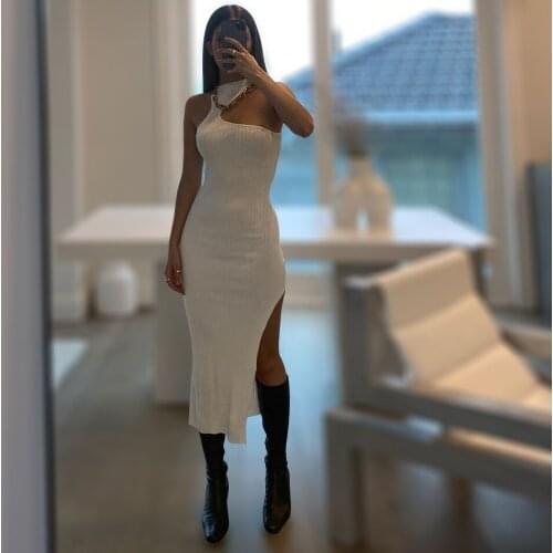 One-shoulder Hanging Neck Oblique Slit Elastic Bandage Dress Sex