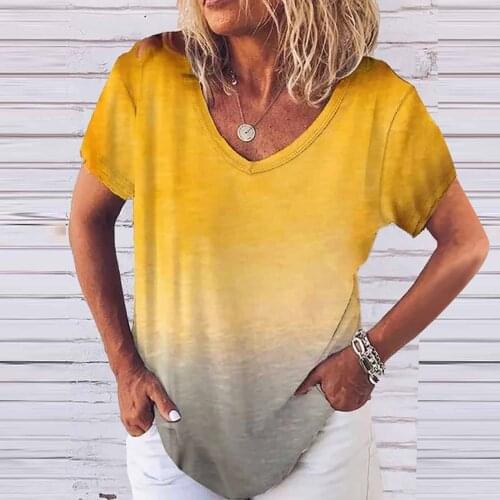 Womens T-shirts Casual V-neck Fading Color T-shirt Short Sleeve V-neck Tops Plus Size Casual Loose T-shirt Женские Футболки @40