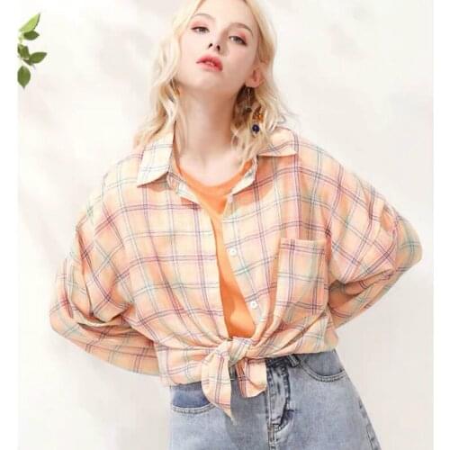 Plaid Shirt Womens Plus Size Autumn Blouses Korean Fashion Casual Long Sleeve Thin Lapel Shirts Loose Sunscreen Cardigan Tops