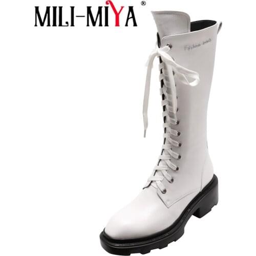 MILI-MIYA Fashion Women Cross Tied Zip Mid Calf Boots Autumn Thick Sole Platform Round Toe White Black Party Office Lady Shoes