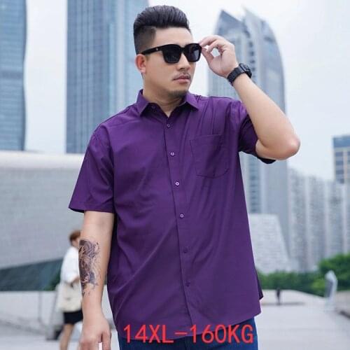 12XL 160KG Summer Men Dress Shirt Short Sleeve Shirt Wedding Business Navy Blue Purple Formal Office Shirts