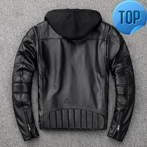Leather Jacket Genuine Men Hooded Spring Autumn Motorcycle Real Cow Leather Coat Plus Size Cowhide Jackets KJ2907