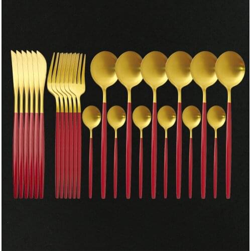 Matte Red Gold 24Pcs Dinnerware Cutlery Set 18/10 Stainless Steel Food Flatware Home Steak Knife Fork Coffee Spoon Tableware Set