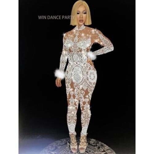 Nightclub ballroom dance costumes sexy stage show dress wears dj disco Lace feather jumpsuit catwalk bodysuit bar performance