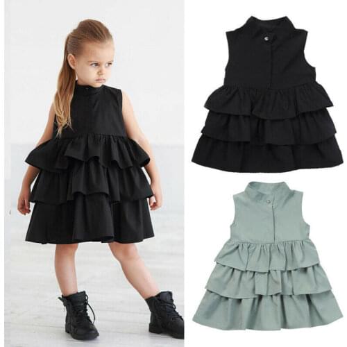 Toddler Kids Baby Girls Pure Color Casual Summer Dresses Sleeveless Layered Wave Dress Sundress Clothes 1-6Y