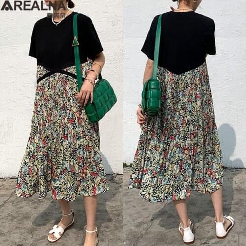 Women o-neck Midi Dresses summer Fashion floral print Patchwork Pleated Shirt Dress Casual short Sleeve woman Dress Vestidos 5XL