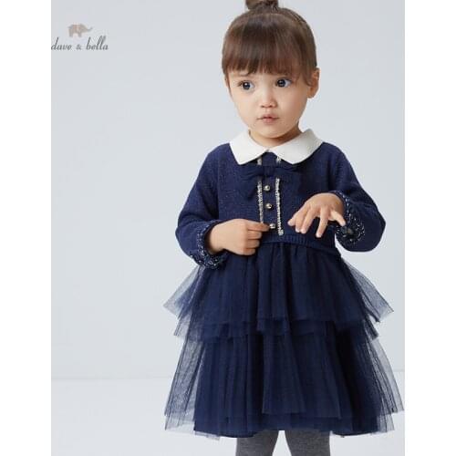 DBM18812 dave bella autumn baby girls cute bow mesh sweater dress children fashion party dress kids infant lolita clothes
