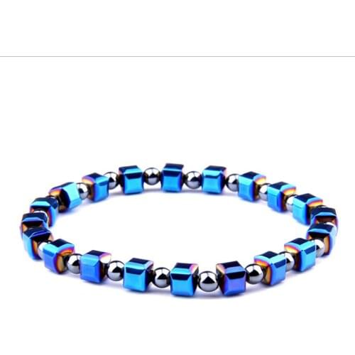 Handmade Weave Mixed Square Hematite Stone Round Beads Elastic Bracelet Fashion Jewelry