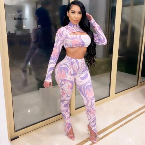 Casual Print Two Piece Set Turtlemeck Long Sleeve Hollow Out Tops Long Pant 2 Pieces Set Party Autumn Women Matching Sets